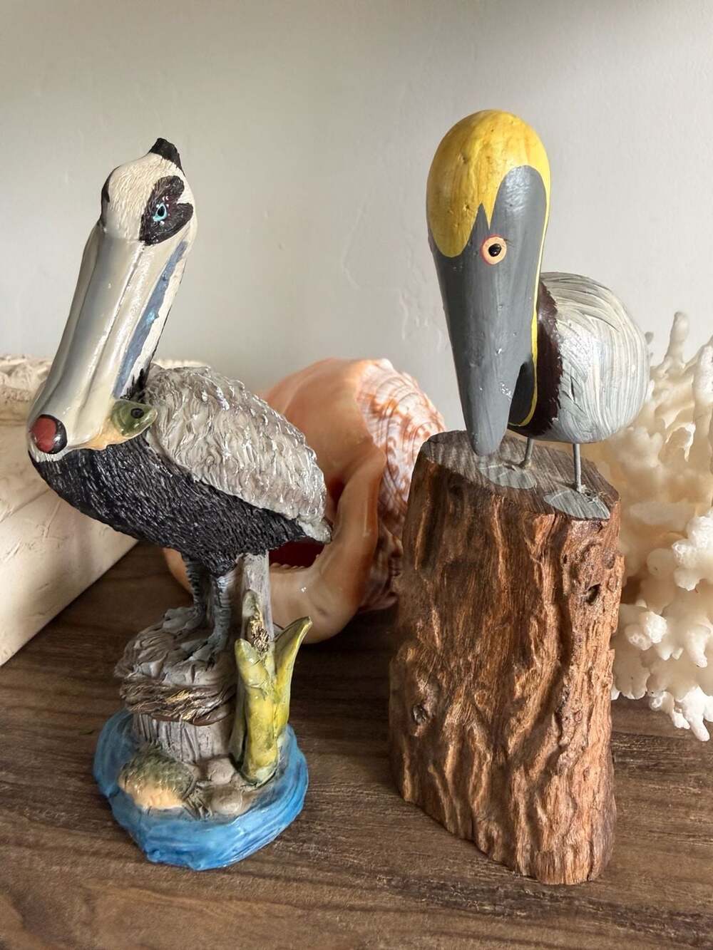 Hand Painted Pelican Bird Figurine Sculptures Seaside Coastal Home Decor